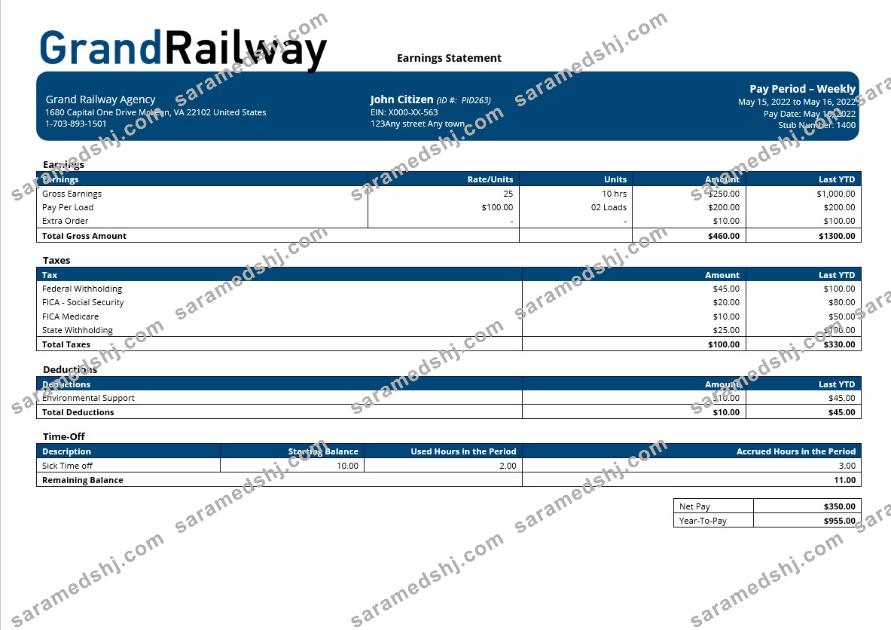 Grand Railway company paystub template in Word and PDF formats